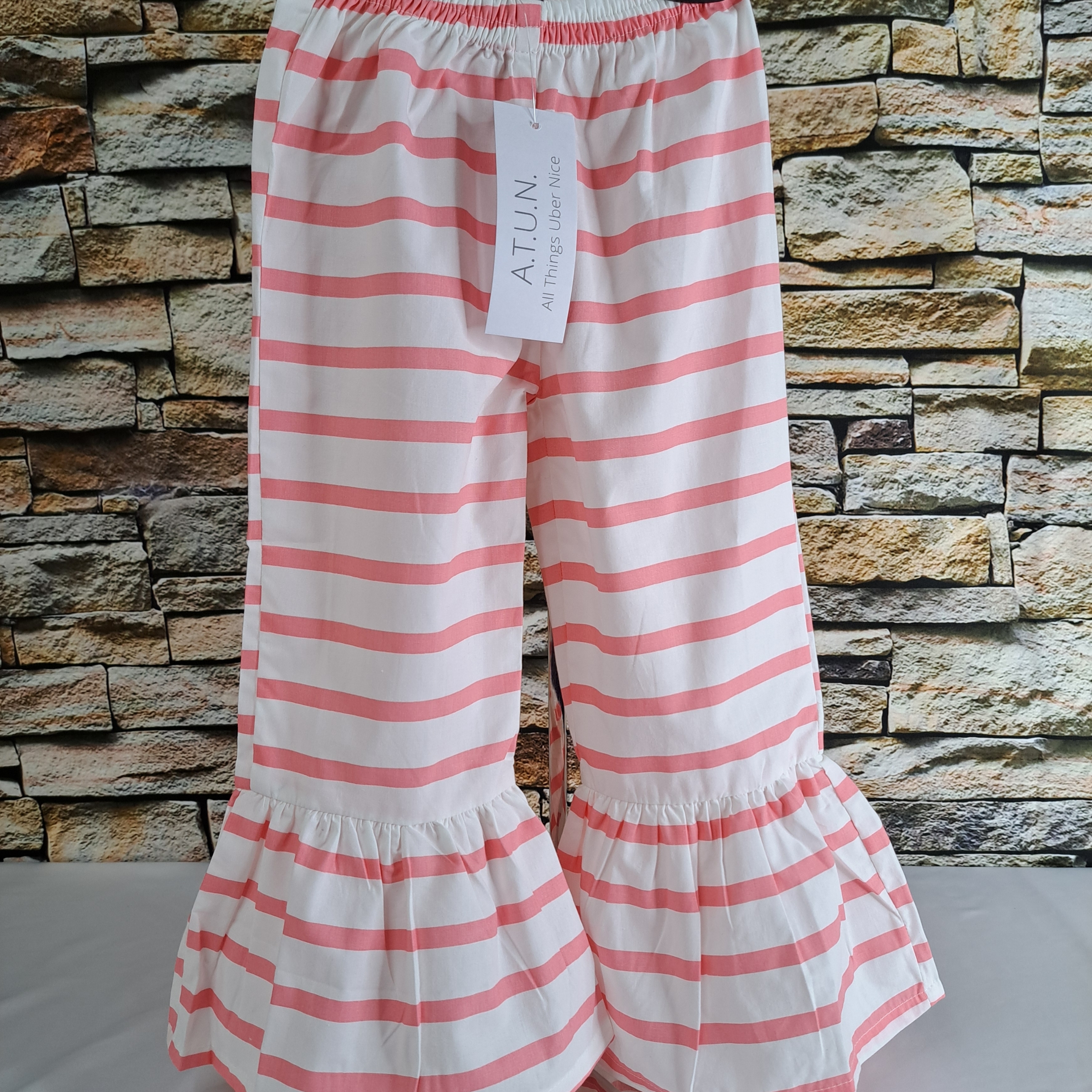 A.T.U.N. Girls' Pink Stripe Ruffle Bottom Casual Pants